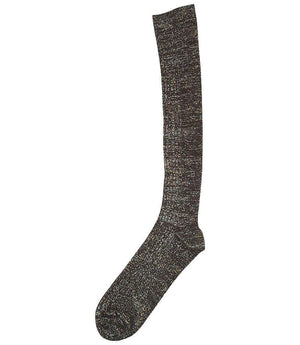 A mid-calf knit sock featuring a mix of textured panels, ribbed leg section, and bold horizontal stripes around the arch and cuff.
