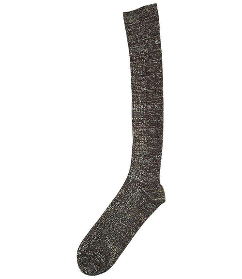 A mid-calf knit sock featuring a mix of textured panels, ribbed leg section, and bold horizontal stripes around the arch and cuff.