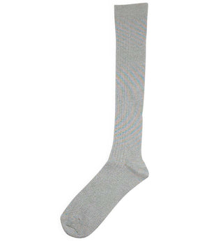A mid-calf knit sock featuring a mix of textured panels, ribbed leg section, and bold horizontal stripes around the arch and cuff.