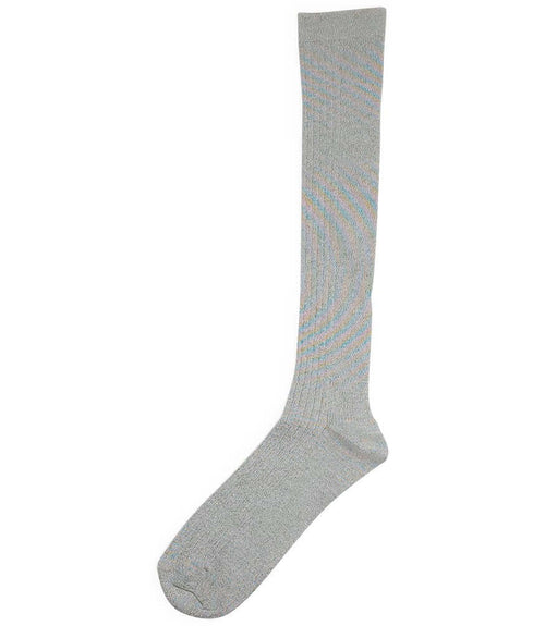 A mid-calf knit sock featuring a mix of textured panels, ribbed leg section, and bold horizontal stripes around the arch and cuff.