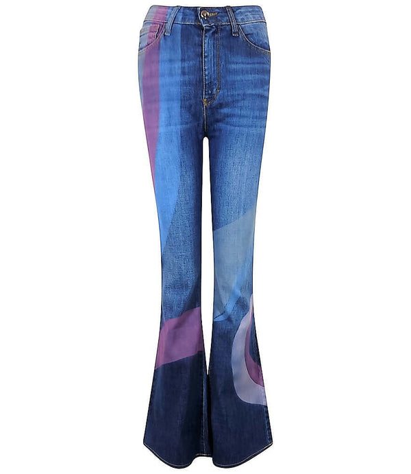 Women's high-rise flared jeans made in Italy from premium stretch denim, featuring abstract panel detailing on the legs and a tailored fit through the hip and thigh for a flattering silhouette.