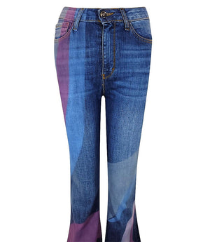 Women's high-rise flared jeans made in Italy from premium stretch denim, featuring abstract panel detailing on the legs and a tailored fit through the hip and thigh for a flattering silhouette.