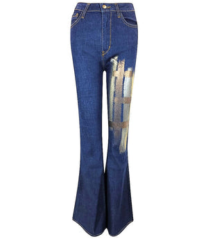 Women's flared-leg jeans crafted in Italy from premium denim, featuring a high-rise fit and hand-painted abstract brushstroke detailing on the upper leg for a unique, artistic finish.
