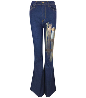 Women's flared-leg jeans crafted in Italy from premium denim, featuring a high-rise fit and hand-painted abstract brushstroke detailing on the upper leg for a unique, artistic finish.