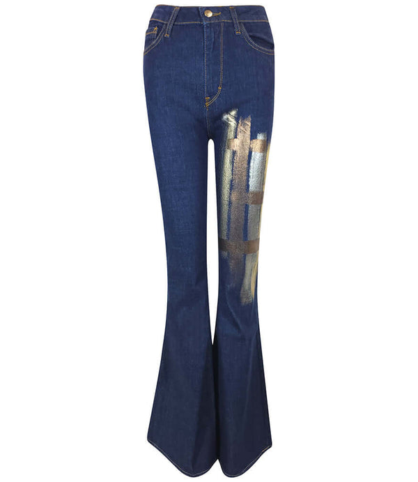 Women's flared-leg jeans crafted in Italy from premium denim, featuring a high-rise fit and hand-painted abstract brushstroke detailing on the upper leg for a unique, artistic finish.