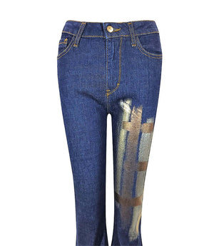 Women's flared-leg jeans crafted in Italy from premium denim, featuring a high-rise fit and hand-painted abstract brushstroke detailing on the upper leg for a unique, artistic finish.