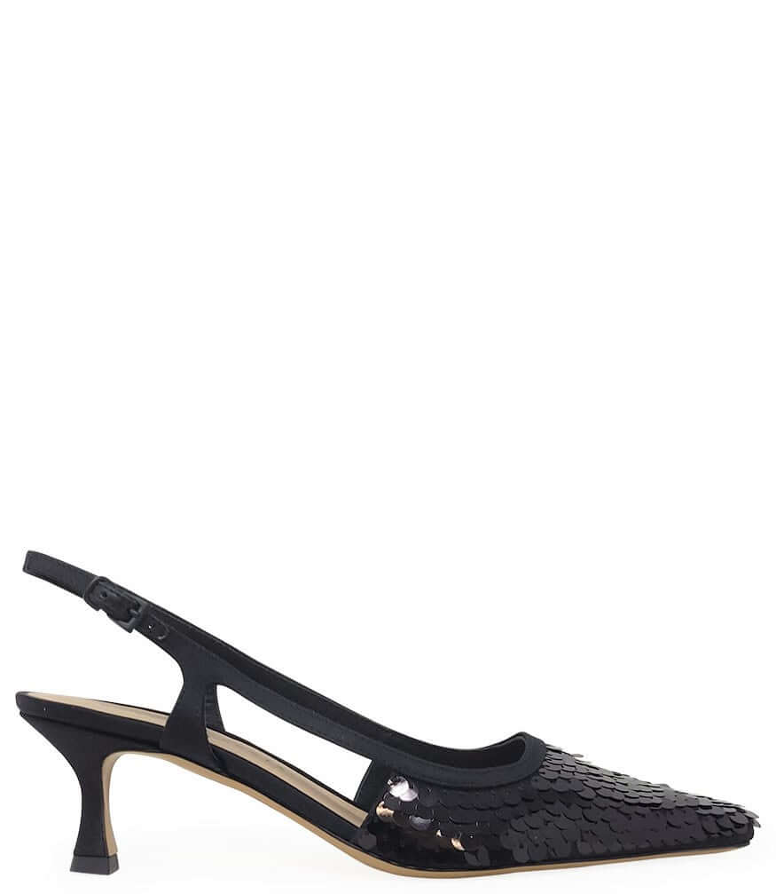 Handcrafted slingback shoe with sequin embellishments, low heel, and pointed toe design. Features an adjustable ankle strap and a textured surface for added visual interest