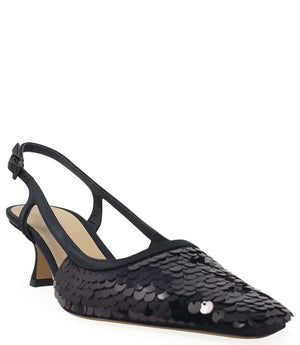 Handcrafted slingback shoe with sequin embellishments, low heel, and pointed toe design. Features an adjustable ankle strap and a textured surface for added visual interest