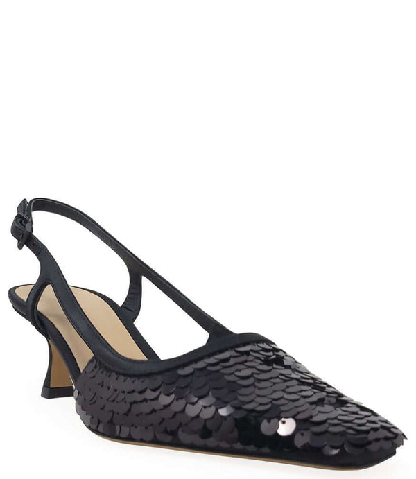 Handcrafted slingback shoe with sequin embellishments, low heel, and pointed toe design. Features an adjustable ankle strap and a textured surface for added visual interest