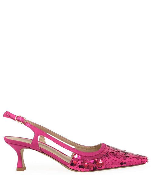Handcrafted slingback shoe with sequin embellishments, low heel, and pointed toe design. Features an adjustable ankle strap and a textured surface for added visual interest