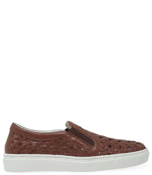 Handmade Italian slip-on sneaker featuring a woven leather upper, elastic side panels for flexibility, and a contrasting flat sole. Shown from multiple angles against a clean background.