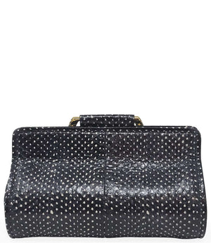 Structured mini handbag crafted from textured leather with a dotted pattern, featuring a sculptural metal snake-shaped top handle with dual serpent heads. Includes a detachable adjustable leather strap with metal clasps for versatile wear as a crossbody o