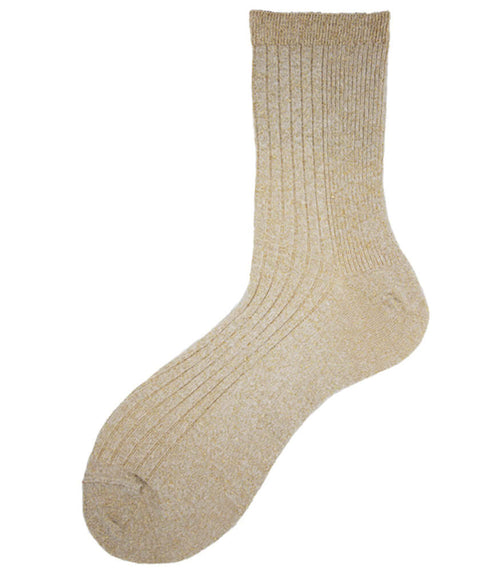 A mid-calf knit sock featuring a mix of textured panels, ribbed leg section, and bold horizontal stripes around the arch and cuff.