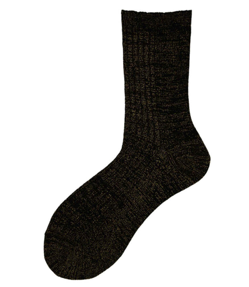 A mid-calf knit sock featuring a mix of textured panels, ribbed leg section, and bold horizontal stripes around the arch and cuff.