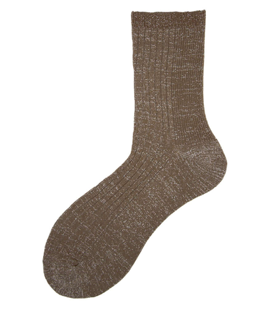A mid-calf knit sock featuring a mix of textured panels, ribbed leg section, and bold horizontal stripes around the arch and cuff.