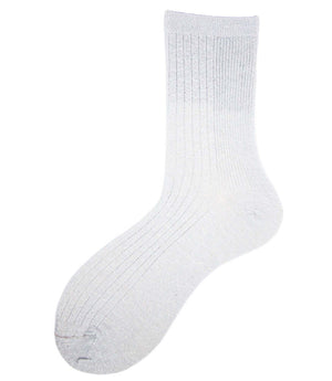 A mid-calf knit sock featuring a mix of textured panels, ribbed leg section, and bold horizontal stripes around the arch and cuff.