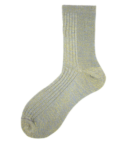 A mid-calf knit sock featuring a mix of textured panels, ribbed leg section, and bold horizontal stripes around the arch and cuff.
