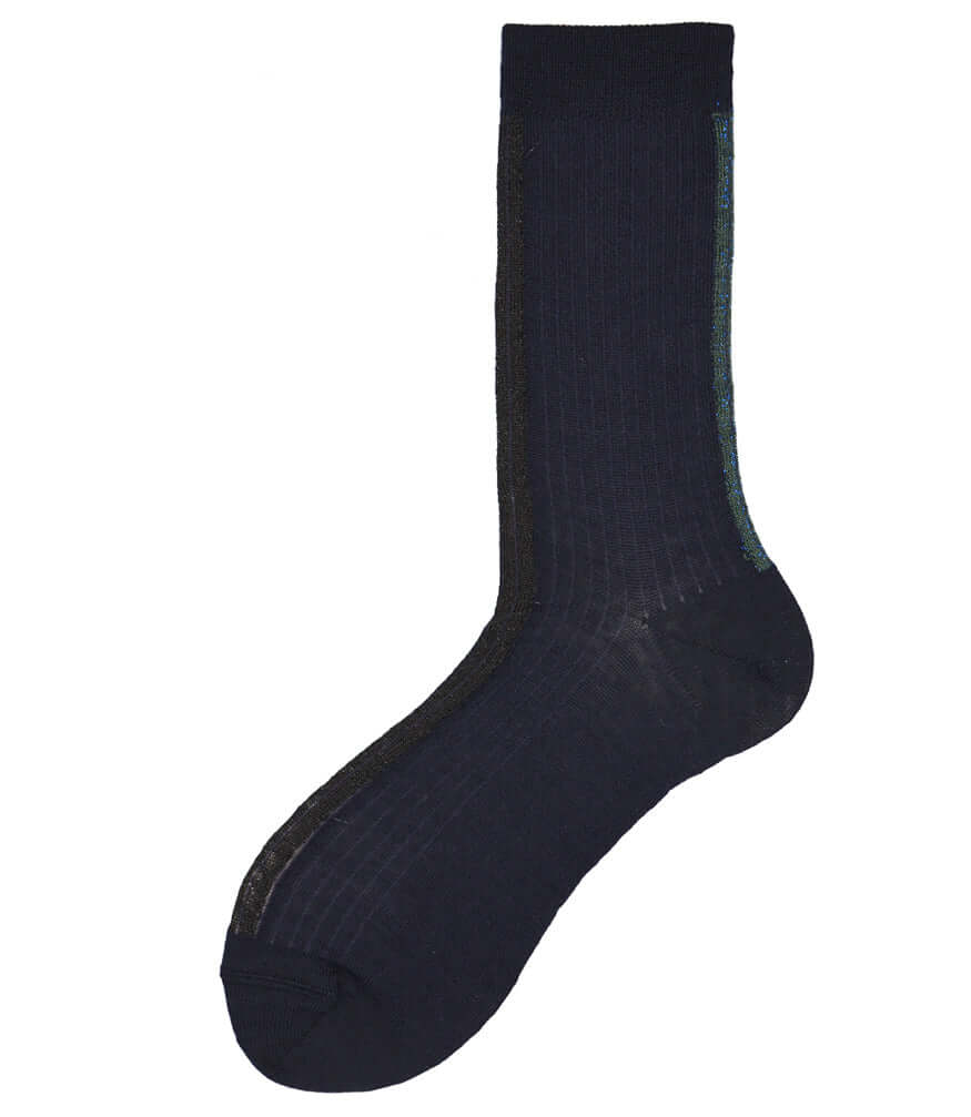 A mid-calf knit sock featuring a mix of textured panels, ribbed leg section, and bold horizontal stripes around the arch and cuff.