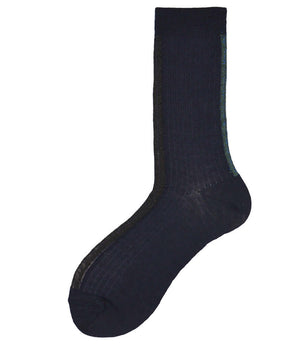 A mid-calf knit sock featuring a mix of textured panels, ribbed leg section, and bold horizontal stripes around the arch and cuff.
