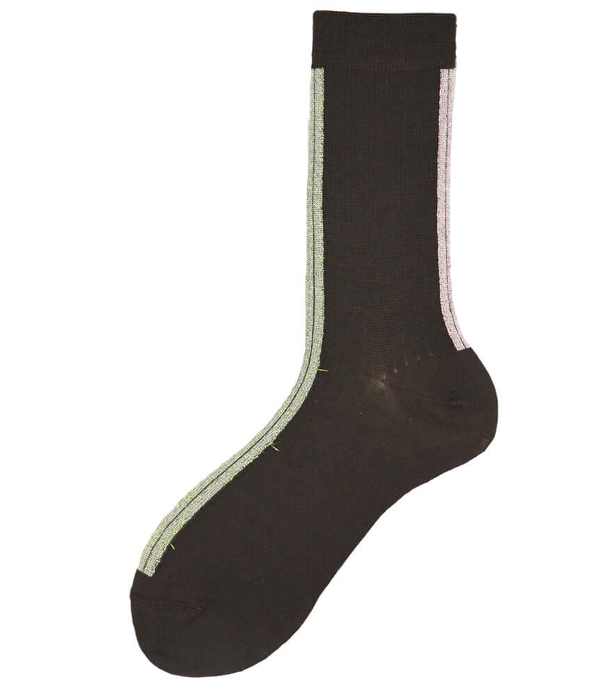 A mid-calf knit sock featuring a mix of textured panels, ribbed leg section, and bold horizontal stripes around the arch and cuff.