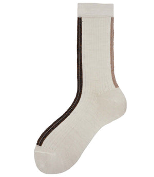 A mid-calf knit sock featuring a mix of textured panels, ribbed leg section, and bold horizontal stripes around the arch and cuff.