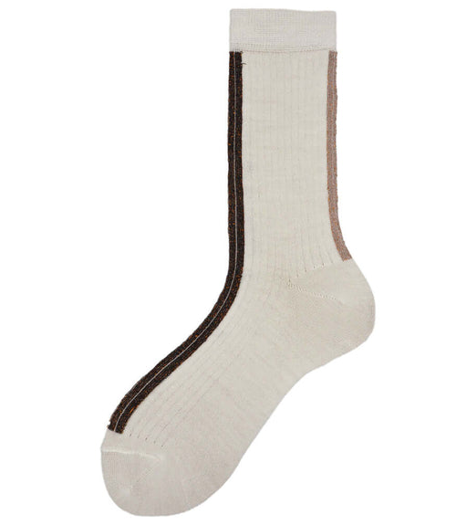 A mid-calf knit sock featuring a mix of textured panels, ribbed leg section, and bold horizontal stripes around the arch and cuff.