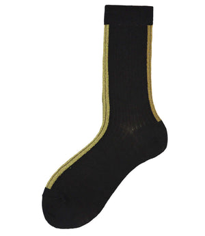 A mid-calf knit sock featuring a mix of textured panels, ribbed leg section, and bold horizontal stripes around the arch and cuff.
