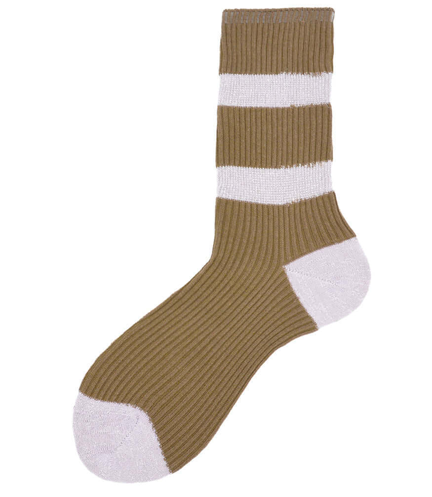 A mid-calf knit sock featuring a mix of textured panels, ribbed leg section, and bold horizontal stripes around the arch and cuff.