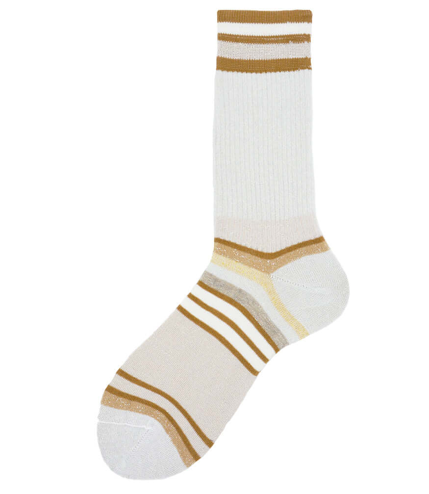 A mid-calf knit sock featuring a mix of textured panels, ribbed leg section, and bold horizontal stripes around the arch and cuff.
