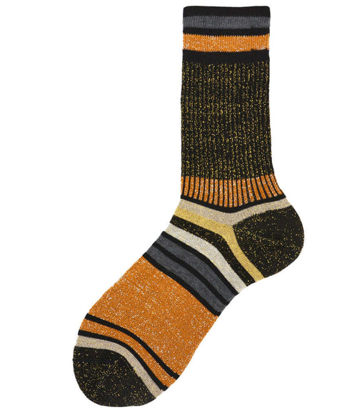 A mid-calf knit sock featuring a mix of textured panels, ribbed leg section, and bold horizontal stripes around the arch and cuff.