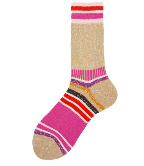 A mid-calf knit sock featuring a mix of textured panels, ribbed leg section, and bold horizontal stripes around the arch and cuff.