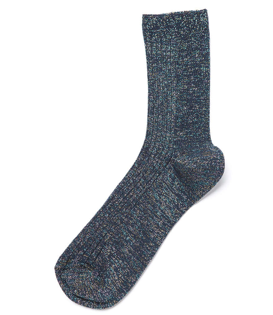 A mid-calf knit sock featuring a mix of textured panels, ribbed leg section, and bold horizontal stripes around the arch and cuff.
