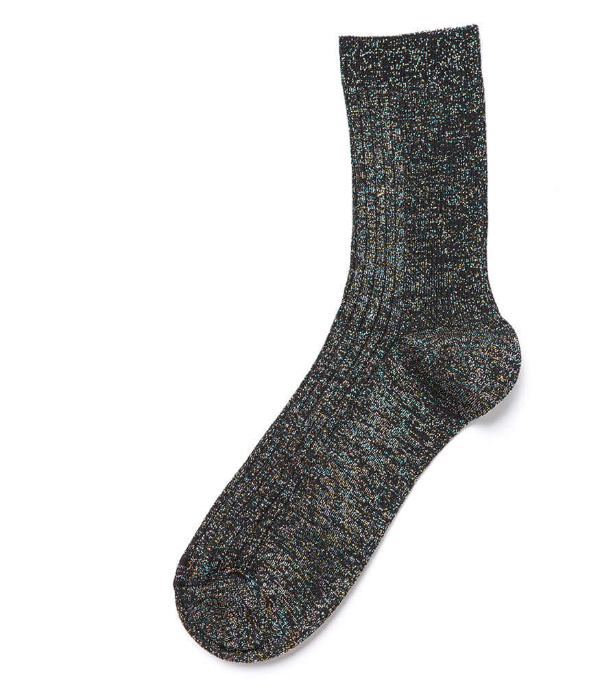 A mid-calf knit sock featuring a mix of textured panels, ribbed leg section, and bold horizontal stripes around the arch and cuff.