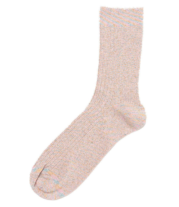 A mid-calf knit sock featuring a mix of textured panels, ribbed leg section, and bold horizontal stripes around the arch and cuff.