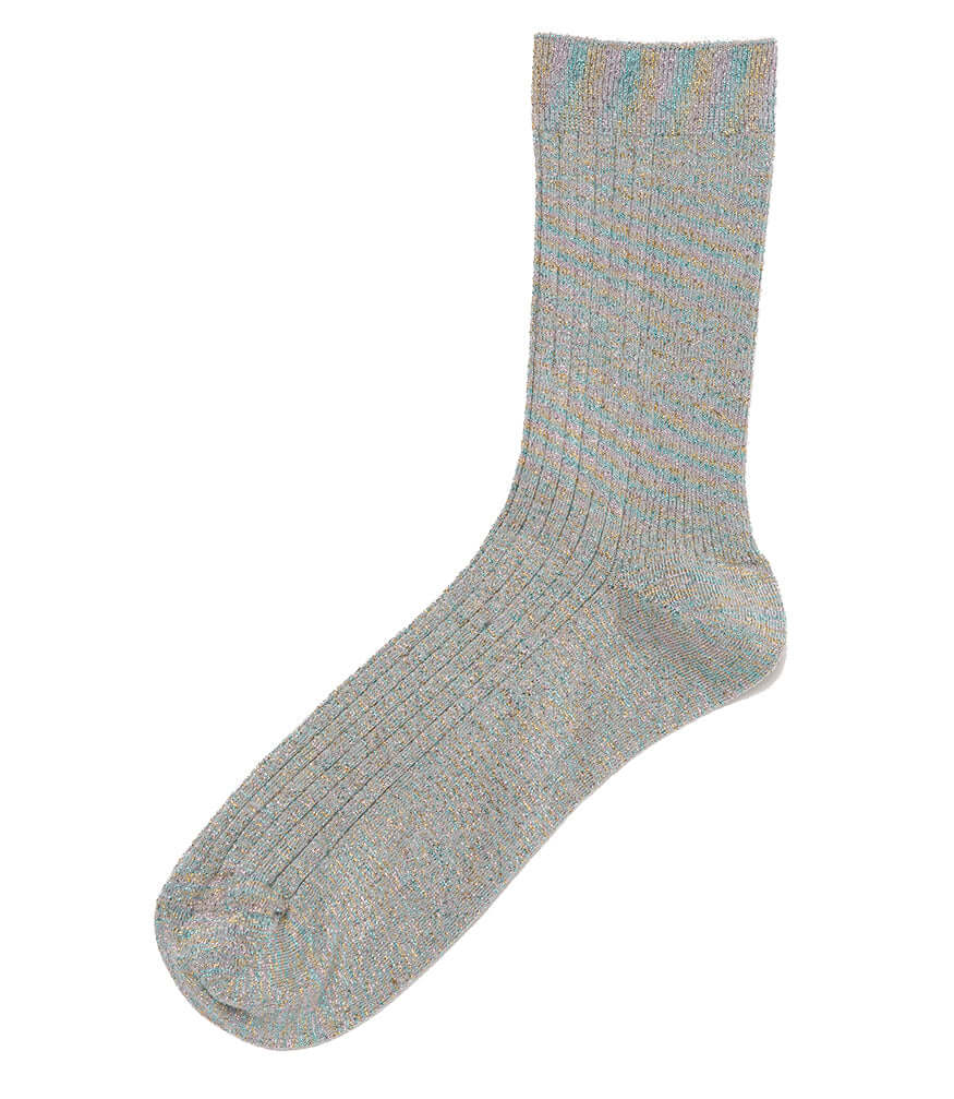 A mid-calf knit sock featuring a mix of textured panels, ribbed leg section, and bold horizontal stripes around the arch and cuff.