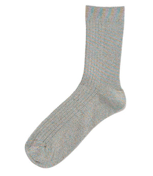 A mid-calf knit sock featuring a mix of textured panels, ribbed leg section, and bold horizontal stripes around the arch and cuff.