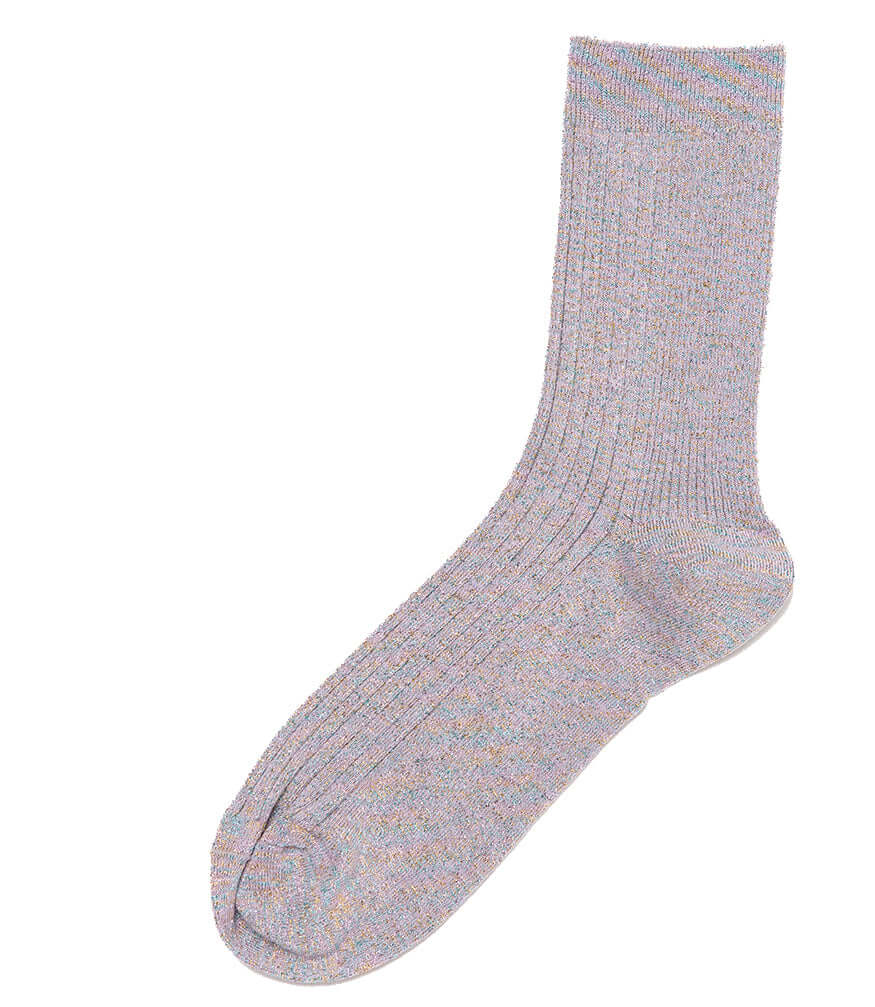 A mid-calf knit sock featuring a mix of textured panels, ribbed leg section, and bold horizontal stripes around the arch and cuff.