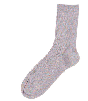 A mid-calf knit sock featuring a mix of textured panels, ribbed leg section, and bold horizontal stripes around the arch and cuff.