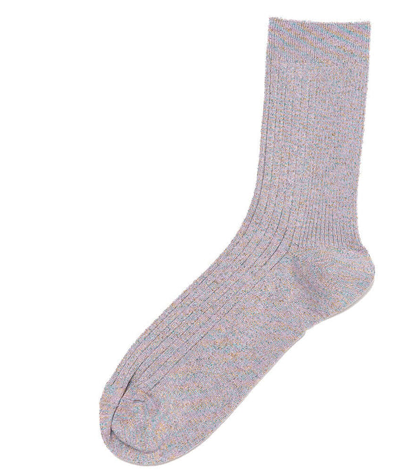 A mid-calf knit sock featuring a mix of textured panels, ribbed leg section, and bold horizontal stripes around the arch and cuff.