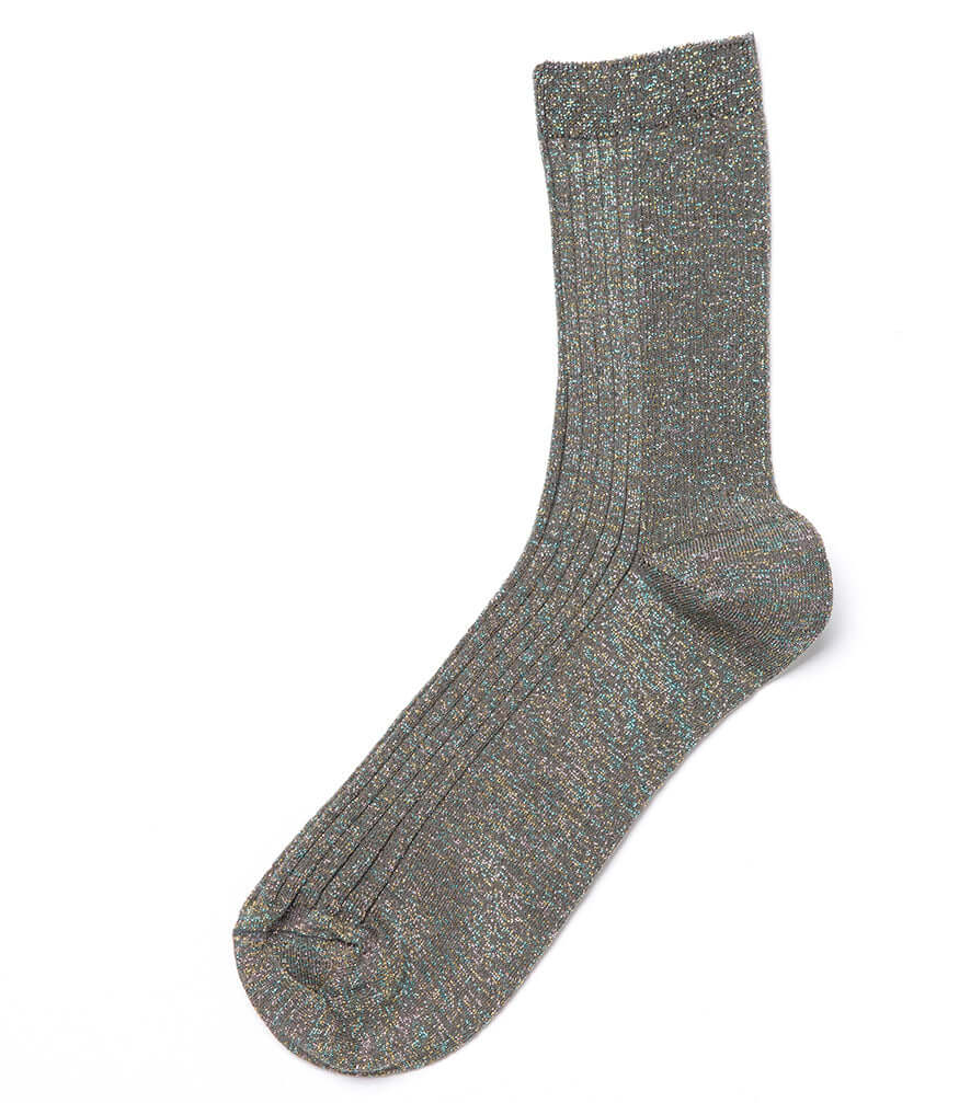 A mid-calf knit sock featuring a mix of textured panels, ribbed leg section, and bold horizontal stripes around the arch and cuff.
