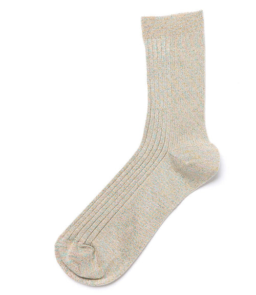 A mid-calf knit sock featuring a mix of textured panels, ribbed leg section, and bold horizontal stripes around the arch and cuff.