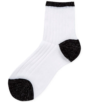 A mid-calf knit sock featuring a mix of textured panels, ribbed leg section, and bold horizontal stripes around the arch and cuff.