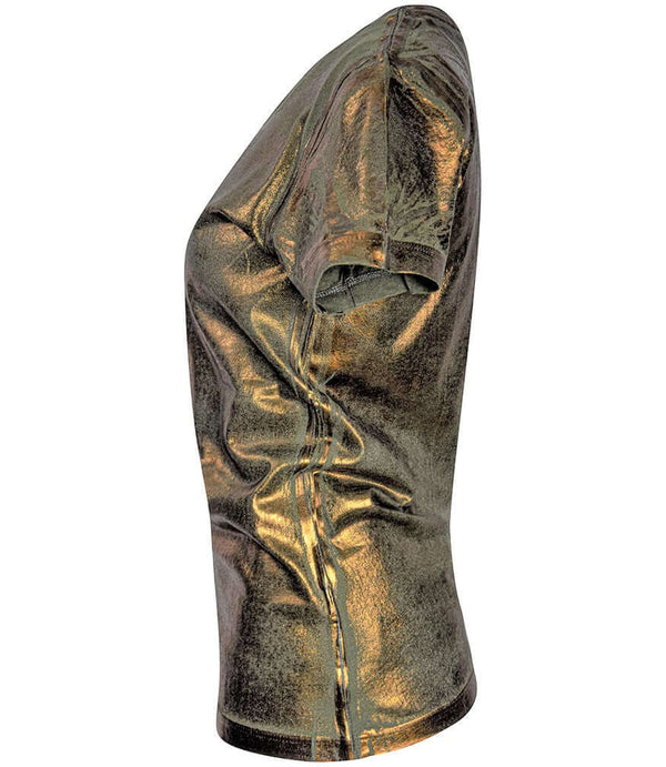 Short-sleeve crew neck T-shirt made from a soft, stretch-finish fabric with a subtle sheen. Features a fitted silhouette with clean stitching and minimal seams.