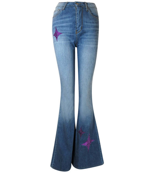 Flared-leg pants made in Italy with a mid-rise fit, featuring front and back pockets and star-shaped accents on the hip, lower leg, and back pocket. Displayed from multiple angles against a clean background