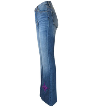 Flared-leg pants made in Italy with a mid-rise fit, featuring front and back pockets and star-shaped accents on the hip, lower leg, and back pocket. Displayed from multiple angles against a clean background