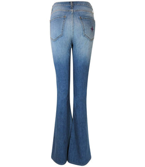 Flared-leg pants made in Italy with a mid-rise fit, featuring front and back pockets and star-shaped accents on the hip, lower leg, and back pocket. Displayed from multiple angles against a clean background