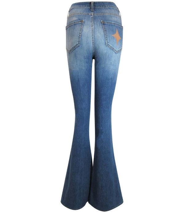 Flared-leg pants made in Italy with a mid-rise fit, featuring front and back pockets and star-shaped accents on the hip, lower leg, and back pocket. Displayed from multiple angles against a clean background