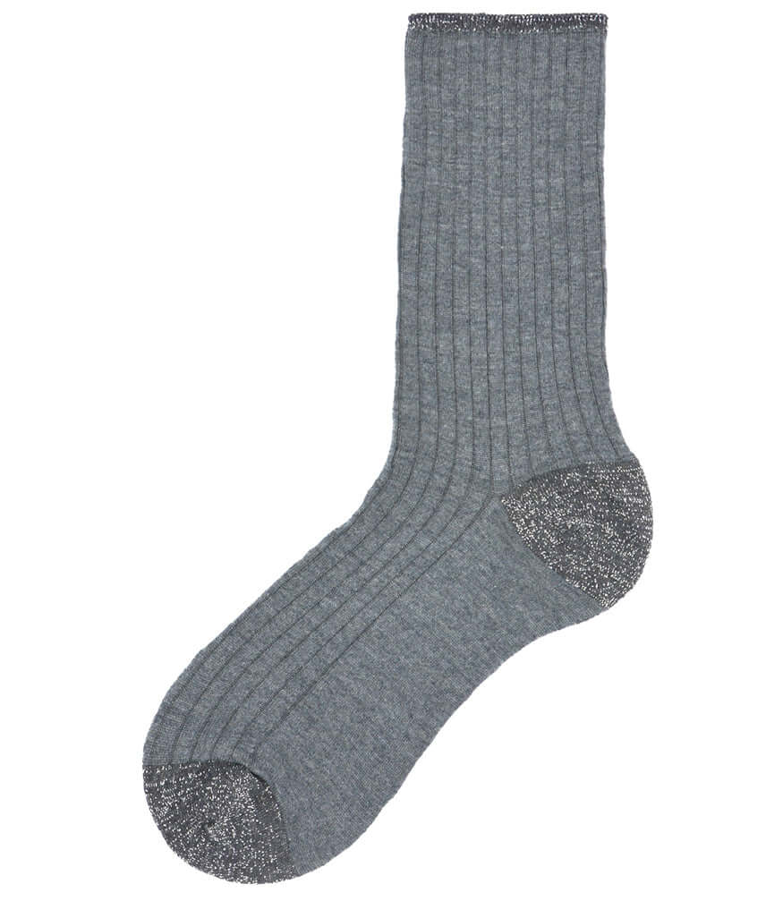 A mid-calf knit sock featuring a mix of textured panels, ribbed leg section, and bold horizontal stripes around the arch and cuff.