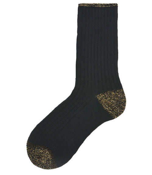 A mid-calf knit sock featuring a mix of textured panels, ribbed leg section, and bold horizontal stripes around the arch and cuff.