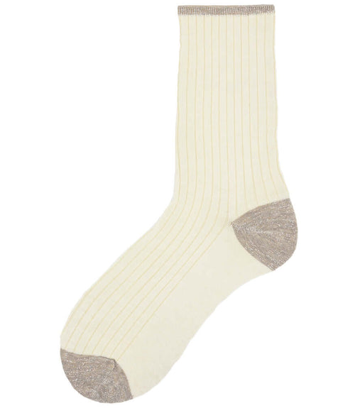 A mid-calf knit sock featuring a mix of textured panels, ribbed leg section, and bold horizontal stripes around the arch and cuff.